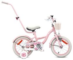 FLOWER BIKE Dviratis mergaitei 14 colių, stūmimo strypas, šoniniai ratai, krepšys rožinės spalvos, FLOWER BIKE Dviratis mergaitei 14 colių, stūmimo strypas, šoniniai ratai, krepšys rožinės spalvos