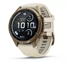 Išmanusis laikrodis Garmin fēnix® 9 Pro inReach® – 43mm, Tamsios auksinės spalvos titanas su kreminės / žalsvai pilkos spalvos silikoniniu dirželiu | 010-04335-21