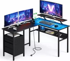 VASAGLE L formos kompiuterinis stalas su LED apšvietimu, USB jungtimis ir 2 stalčiais LWD095B01