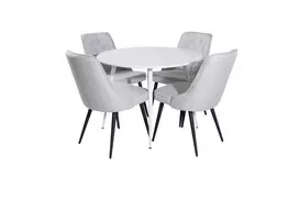 Plaza Round Table 100 cm - White top / White Legs+Velvet Deluxe Dining Chair - Black Legs - Light Grey Fabric_4