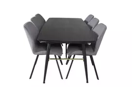 Gold Extention table - 180/220*85*H76 Black Veneer - Black legs - Brass details+Gemma Dining Chair - Black Legs - Grey Fabric_6
