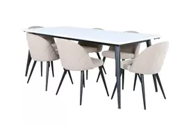 Jimmy Dining Table - Black / White HPL+Velvet Stitches Chair - Black / Beige Fabric (Polyester linen )_6