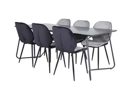 Petra Dining Table - Black / Black Veneer+Emma Chair - Black / Black and Light Grey Black Velvet in Back Grey Velvet in front_6