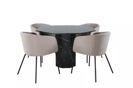 Marbs Round Dining Table , Black Black Glass Marble+Berit Chair , Black Beige Fabric (Polyester linen )_4