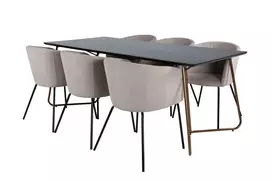 Petra Dining Table , Distressed Copper Black Veneer+Berit Chair , Black Beige Fabric (Polyester linen )_6