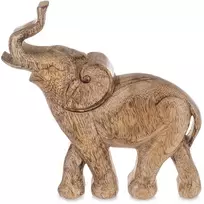 Dramblio statulėlė iš mango medienos su pakeltu straubliu, ruda, 19 × 3,5 × 20 cm