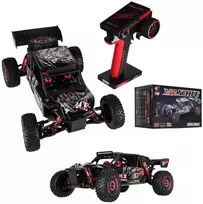 RC automobilis WLToys 124016 4WD su bešepetėliu varikliu, juodas su raudonais ir sidabriniais elementais, 35 × 21 × 13 cm