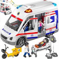 Didelis greitosios pagalbos automobilis su neštuvais, garsais, šviesomis ir 4 figūrėlėmis