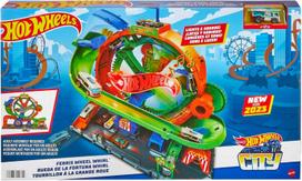 Hot Wheels automobilių trasa su kilpa, apžvalgos ratu, šviesomis, garsu ir mašinėle