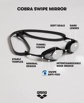 Arena Cobra Original Swipe Mirror unisex plaukimo akiniai su veidrodiniais lęšiais, apsauga nuo rasojimo, Uv apsauga, 4 keičiami nosies tilteliai