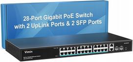 Tinklo jungiklis VIMIN, 28 jungtys, PoE+, 24x Gigabit, 4x SFP, 320W, metalinis