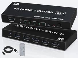 HDMI jungiklis 5 į 1, 8K 60Hz, 4K 120Hz, HDR, VRR, 3D, su nuotolinio valdymo pultu