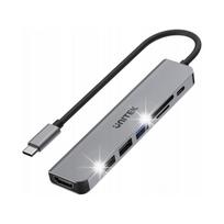 USB-C šakotuvas Unitek 7in1: 3x USB-A, HDMI, SD, PD 100W