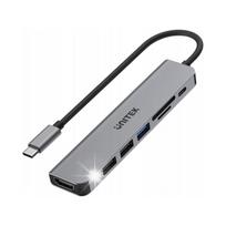 USB šakotuvas Unitek H1118A, 7 jungtys, HDMI 4K, USB-A, USB-C, PD 100W, aliuminis