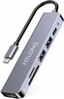 USB-C 6in1 adapteris, 4K HDMI, 2x USB, PD, SD, microSD, aliuminis, pilkas, FITLONG