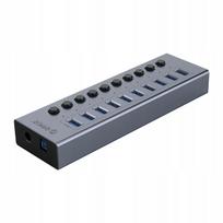 USB šakotuvas BT2U3-10AB, 10 USB-A jungčių su jungikliais, pilkas