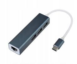 USB-C šakotuvas, 4 jungtys: 3 USB, 1 Ethernet, skirtas nešiojamiesiems kompiuteriams