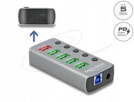 USB šakotuvas Delock 63263, 4x USB, 1x įkrovimo lizdas, 1x USB-C PD 3.0, 5Gbps