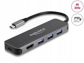 USB-C šakotuvas Delock 64171, 3x USB, HDMI 4K, 85W Power Delivery