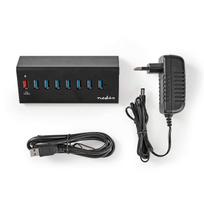 USB šakotuvas Nedis, 8 jungtys, QC3.0, USB 3.2 Gen1, 5Gb/s, su maitinimu, juodas