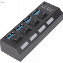USB 3.0 juodas 4 jungčių kompiuterio šakotuvas, greitas duomenų perdavimas