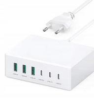 USB šakotuvas, 6 jungtys: 3×USB, 3×USB-C, baltas