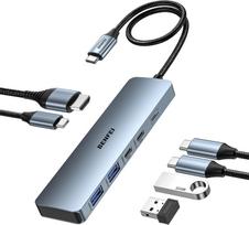 USB-C šakotuvas 6in1, HDMI 4K, 100W, aliuminis, 10Gb/s, 2x USB-A