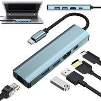 USB-C daugiafunkcis adapteris 5 viename: HDMI 4K, RJ45 LAN, 100W PD, USB 3.0 dokas nešiojamam kompiuteriui