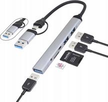 USB-C adapteris DA614, 5 jungtys: USB 3.0, SD, TF kortelių skaitytuvas, pilkas