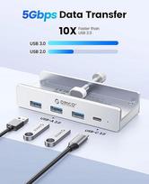 USB šakotuvas ORICO, 4 jungtys, USB 3.0, aliuminis, 5V, 100 cm sidabrinis laidas