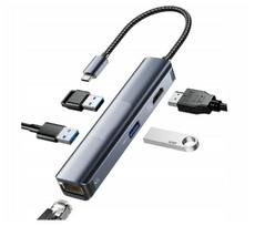 USB-C šakotuvas 5in1 su HDMI 4K 60Hz, LAN RJ45, USB 3.0 ir PD