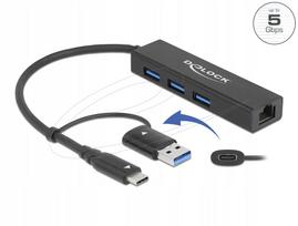 USB šakotuvas Delock 64149, 3x USB 3.2 Gen 1, Gigabit LAN, USB-C ir USB-A