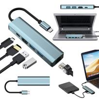 USB-C 5-ių jungčių šakotuvas su PD 100W, USB 3.0, HDMI 4K, LAN RJ45, skirtas nešiojamiems kompiuteriams
