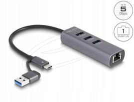 USB šakotuvas Delock 64282, 3 lizdai, 5Gbps, su gigabitiniu LAN, USB-C ir USB-A