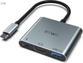 USB C į HDMI adapteris JESWO, 3 jungčių 4K USB 3.0 šakotuvas