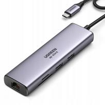 Adapteris USB-C 8in1: USB-A, HDMI, RJ45, SD/TF, 4K 30Hz, PD 100W, pilkas, 5Gbps