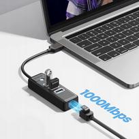 USB šakotuvas 4 jungčių, USB-A, RJ45 2.5G Ethernet, 0,5 m, juodas
