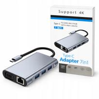USB-C šakotuvas 7in1, HDMI 4K, USB 3.0, USB 2.0, VGA, LAN, sidabrinis