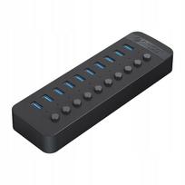 USB šakotuvas, 10× USB-A, 5Gb/s, su atskirais jungikliais, juodas