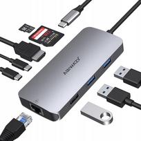 USB-C šakotuvas ABIWAZY 9in1 su HDMI, LAN, PD 100W, Ethernet