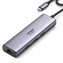 USB-C šakotuvas su HDMI, RJ45, USB-A, SD/TF, PD 100W, pilkas
