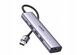 Adapteris UGREEN, 3 x USB, Ethernet, pilkas