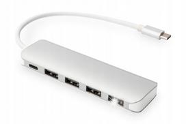 USB šakotuvas DIGITUS, 4 lizdai, USB 3.0, su Type C PD 3.0, aliuminis