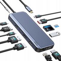 Dokavimo stotelė USB-C, 2x HDMI, 4K, 100W PD, RJ45, 13in1, trigubas ekranas