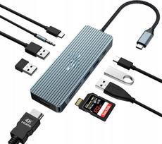 USB-C šakotuvas HB039, 10in1, 4K HDMI, 4× USB, SD kortelių skaitytuvas, AUX, 100W, tinka HP, DELL, MacBook