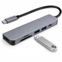 USB-C 6in1 aliuminis hubas su HDMI 4K, USB 3.0, SD/TF lizdais ir PD įkrovimu