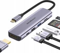 USB-C šakotuvas 6in1 su PD100W, HDMI 4K, USB 3.0, USB 2.0, SD/TF kortelių skaitytuvu