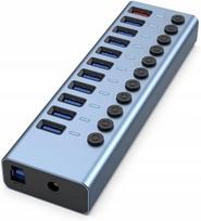 USB šakotuvas, 11 jungčių, USB 3.0, 5Gbps, su maitinimo laidu