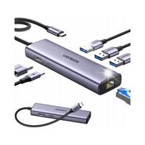 USB-C adapteris 6-in-1: 3x USB-A 3.0, HDMI, RJ45, USB-C PD, pilkas