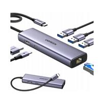 2 dalių UGREEN 6 viename USB-C šakotuvas: 3x USB-A 3.0, HDMI, RJ45, USB-C PD, skirtas nešiojamam kompiuteriui